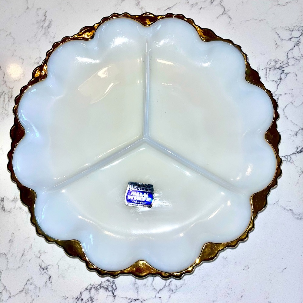 Vintage Anchor Hocking Gold Trimmed Milk Glass three divide dish 10” Never Used